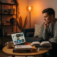 Cozy living room scene with a person analyzing advertisements on a laptop, emphasizing mindful consumer behavior
