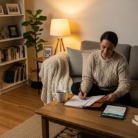 Cozy living room scene with a person reviewing finances, symbolizing financial safety and emergency funds
