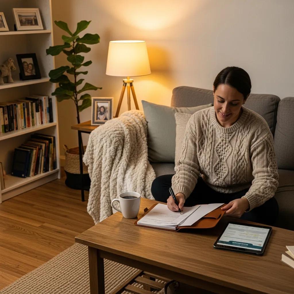 Cozy living room scene with a person reviewing finances, symbolizing financial safety and emergency funds