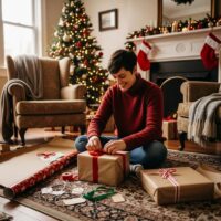 Cozy living room scene with a person wrapping a re-gifted present, emphasizing the joy of thoughtful gifting