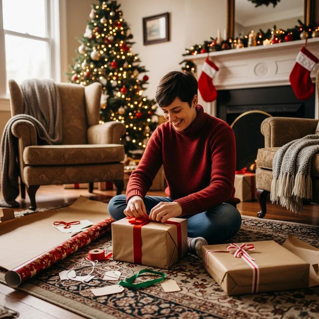 Cozy living room scene with a person wrapping a re-gifted present, emphasizing the joy of thoughtful gifting