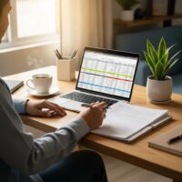 Cozy workspace with a laptop and financial documents, emphasizing personal finance management