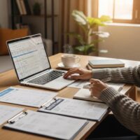 Cozy workspace with a laptop and financial documents, representing personal finance management