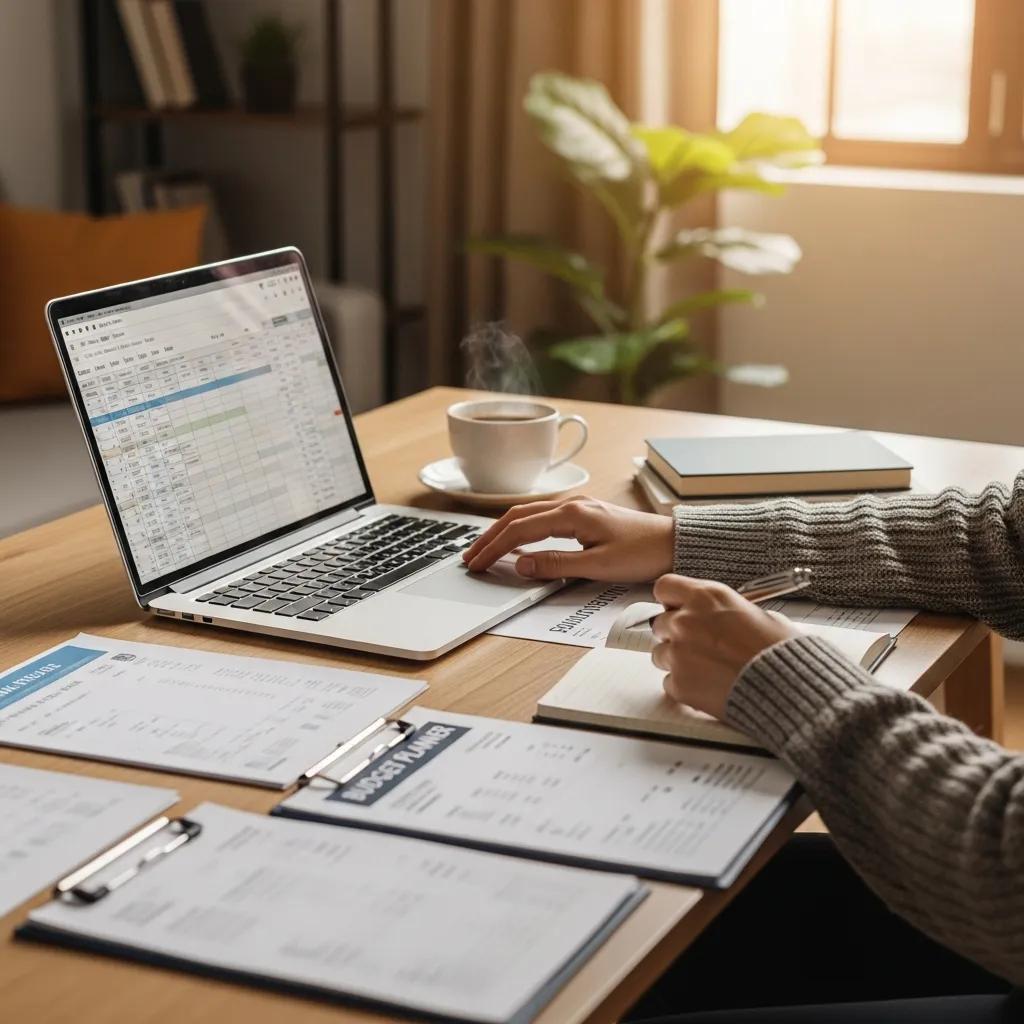 Cozy workspace with a laptop and financial documents, representing personal finance management