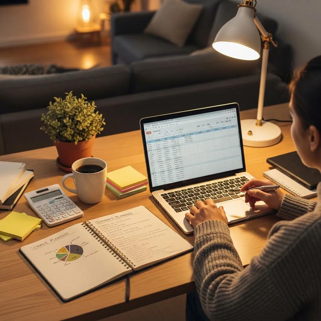 Cozy workspace with a laptop and financial planning materials, emphasizing financial clarity