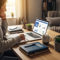 Cozy workspace with a laptop and financial planning materials, emphasizing innovative personal finance strategies