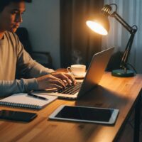 Cozy workspace with a laptop and gadgets illustrating mindful technology spending