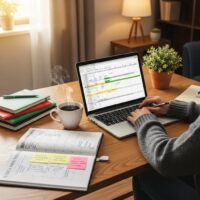 Cozy workspace with a laptop, calendar, and budgeting tools illustrating personal finance management