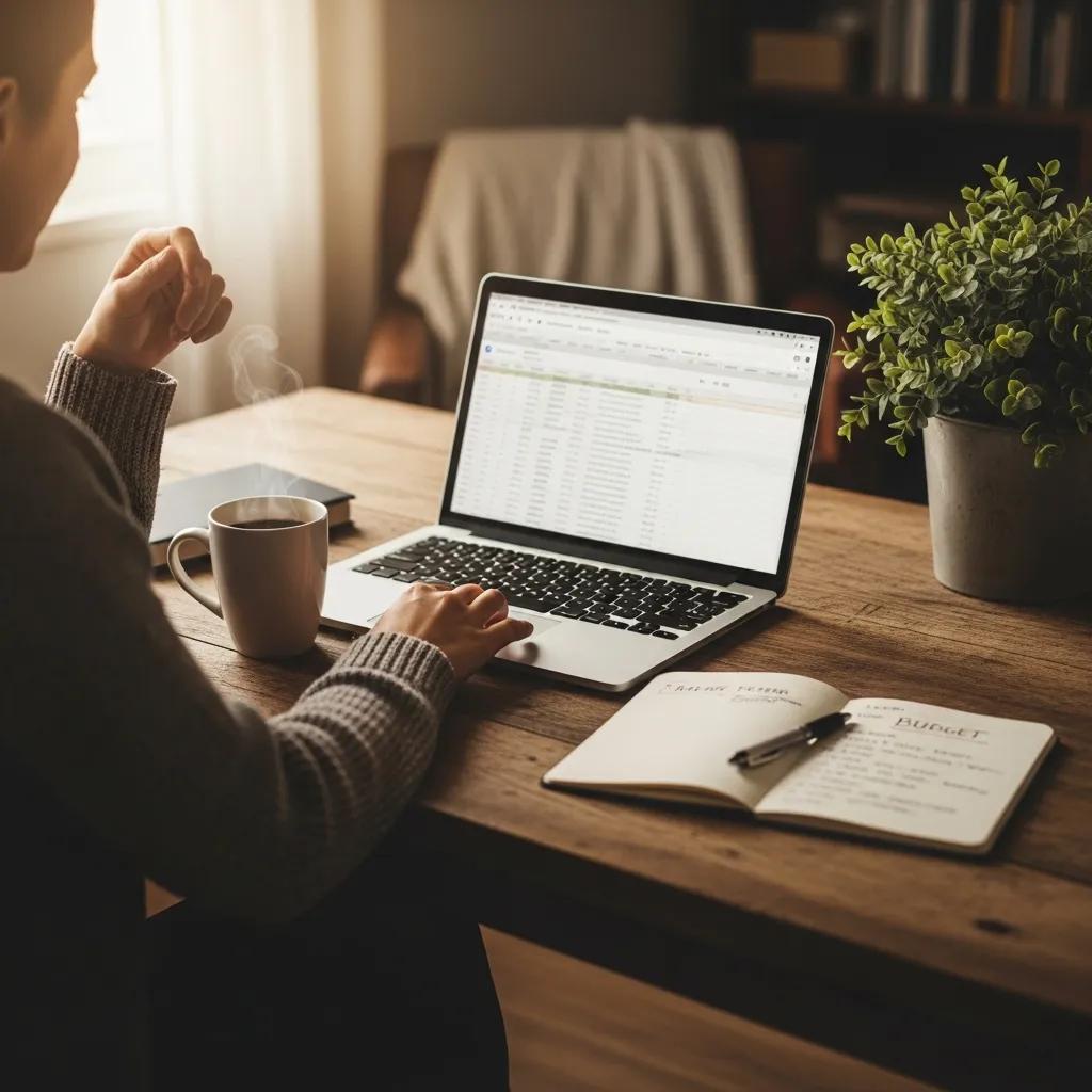 Cozy workspace with a laptop, coffee, and notepad for personal finance management