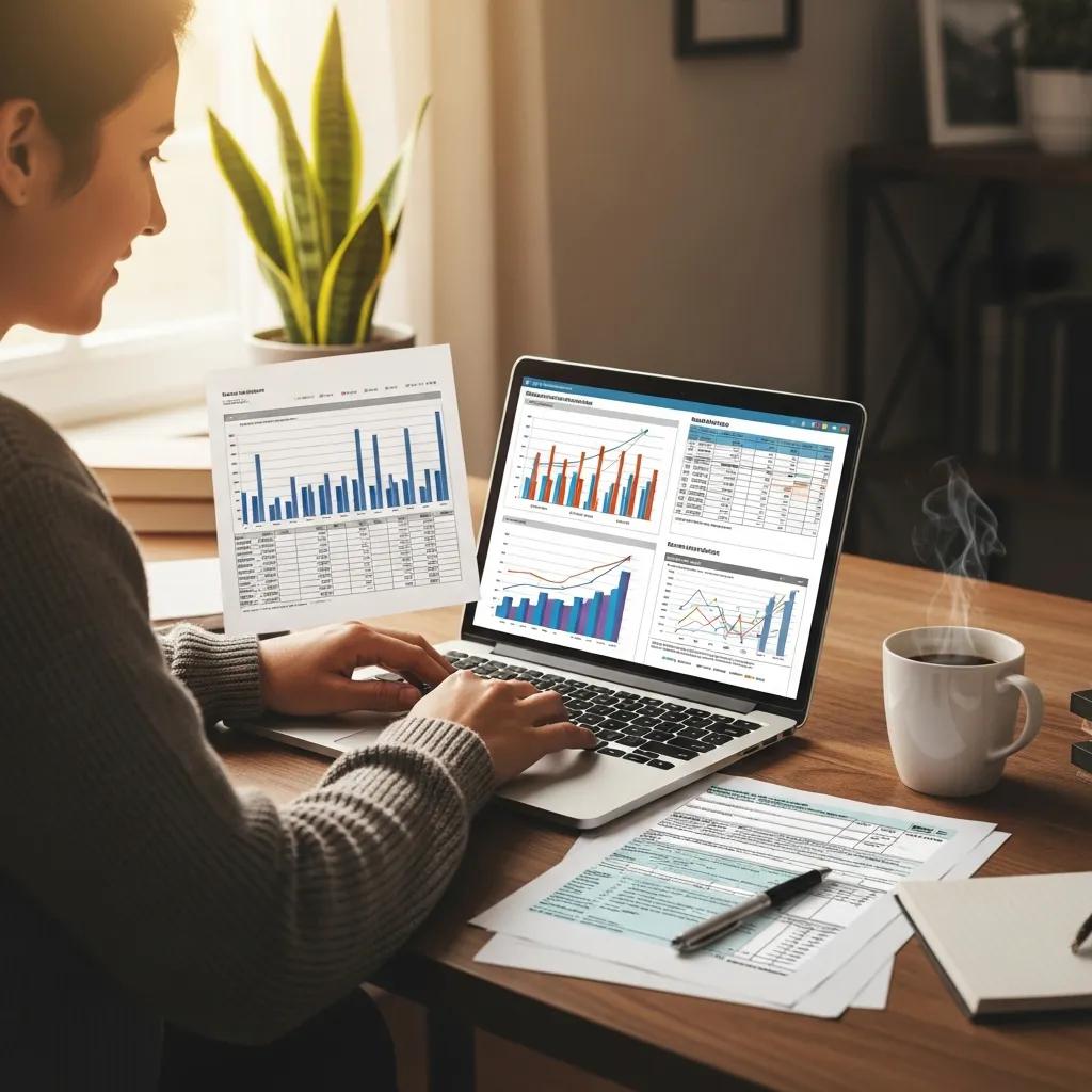 Cozy workspace with a person analyzing financial documents and a laptop, emphasizing financial planning