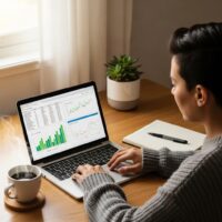 Cozy workspace with a person analyzing financial reports and charts
