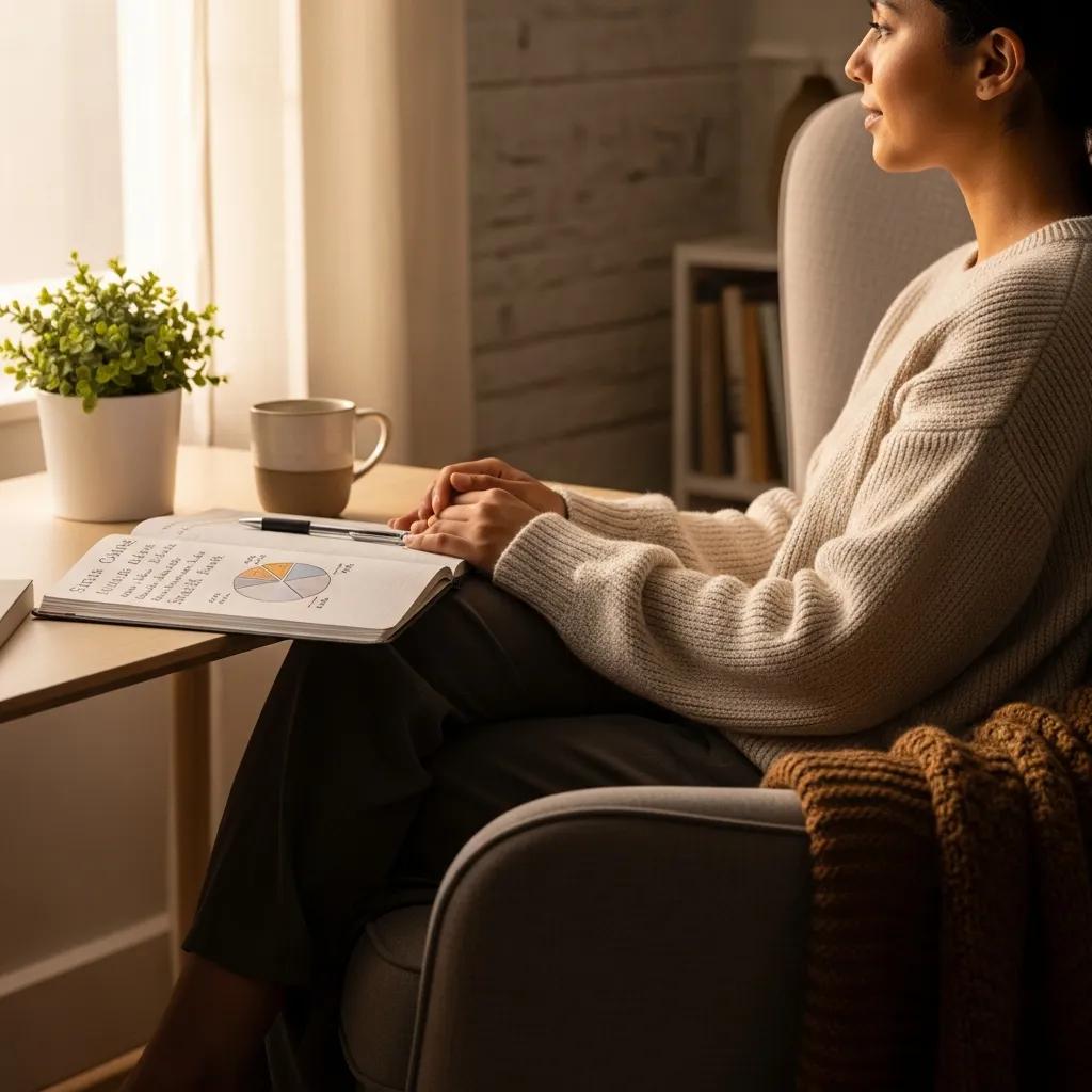 Cozy workspace with a person journaling about financial goals, embodying a positive money mindset