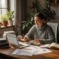 Cozy workspace with a person managing finances, laptop, and coffee