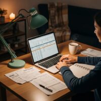 Cozy workspace with a person managing finances, laptop, and financial documents