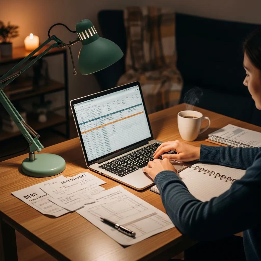 Cozy workspace with a person managing finances, laptop, and financial documents