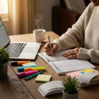 Cozy workspace with a person managing finances using a monthly budget calendar