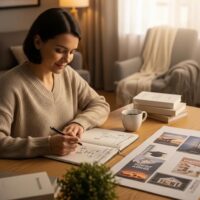 Cozy workspace with a person planning finances, reflecting delayed gratification and financial success