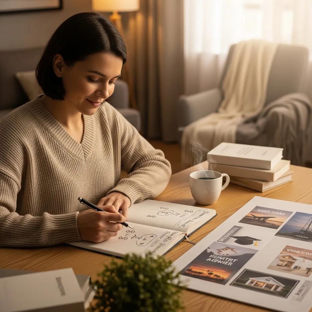 Cozy workspace with a person planning finances, reflecting delayed gratification and financial success