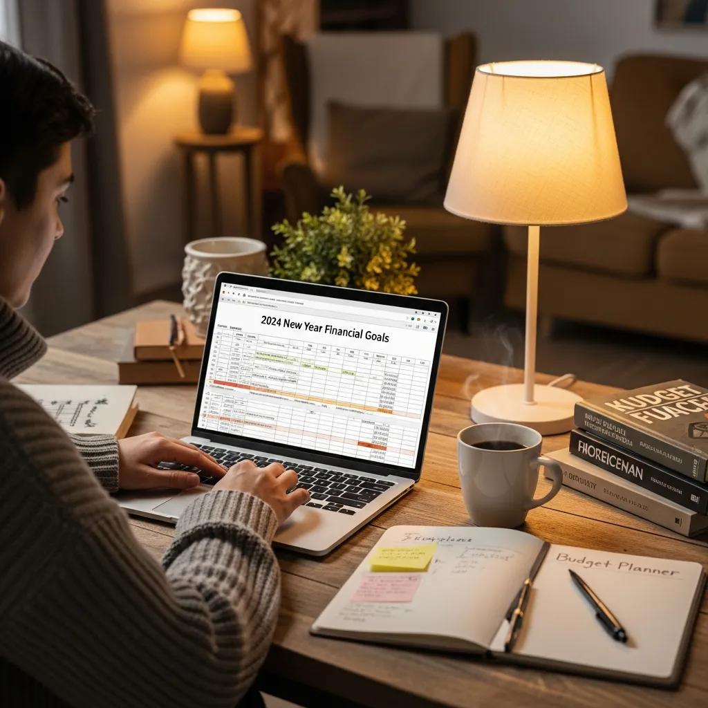 Cozy workspace with a person planning financial goals for the New Year