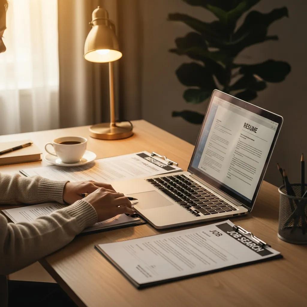Cozy workspace with a person preparing job search materials, emphasizing the theme of re-employment strategies