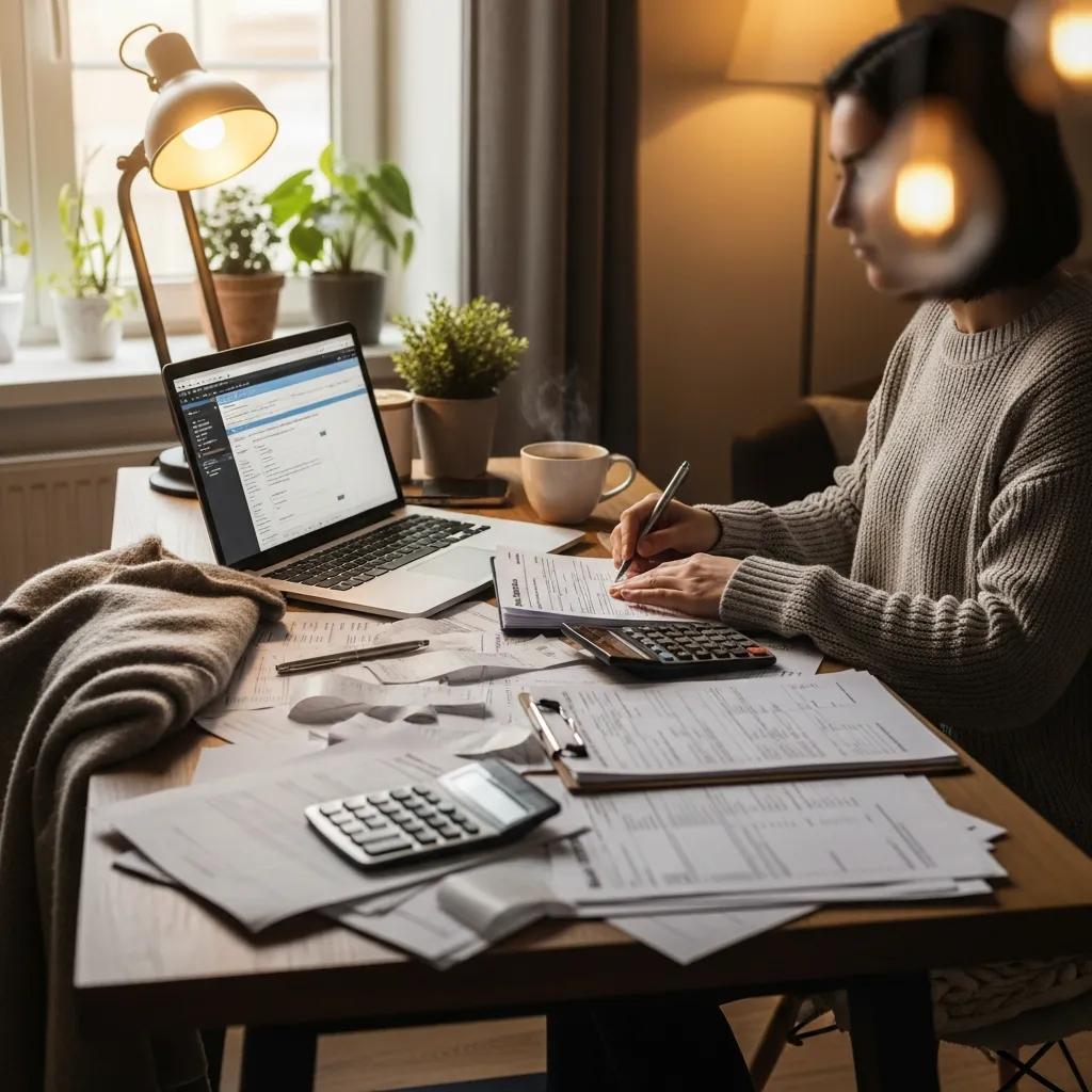 Cozy workspace with a person preparing tax documents and using a laptop