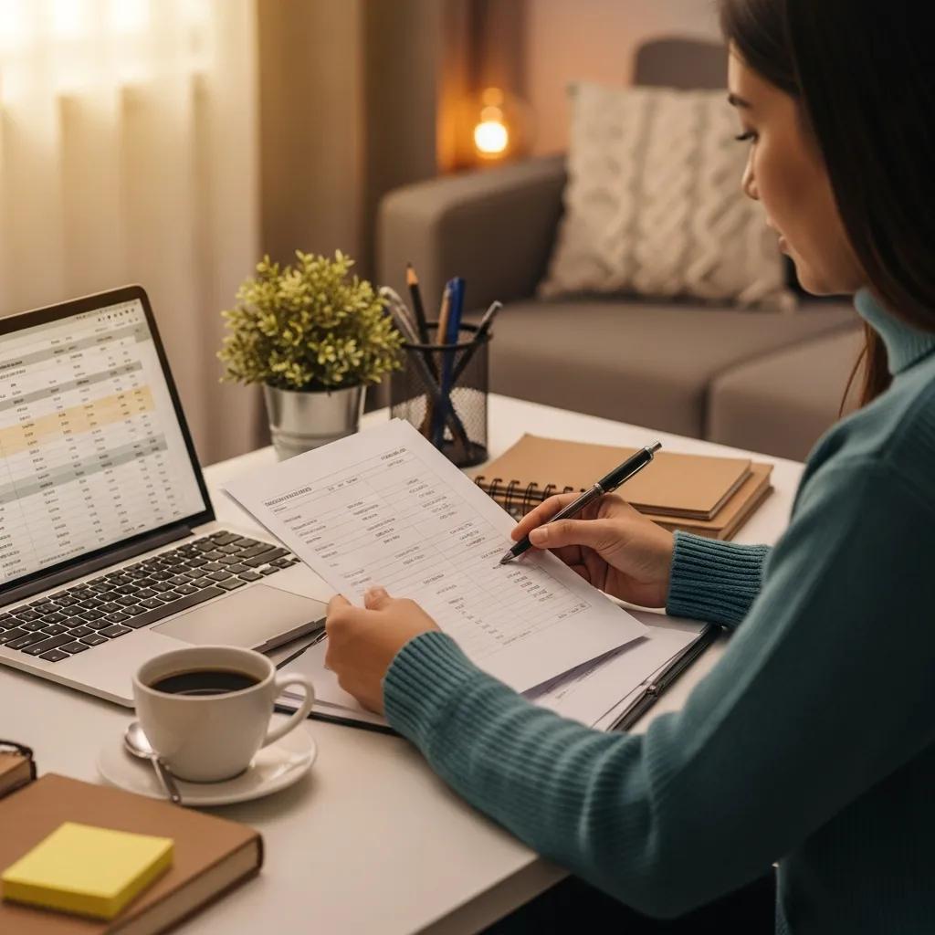 Cozy workspace with a person reviewing finances, symbolizing financial clarity and balance
