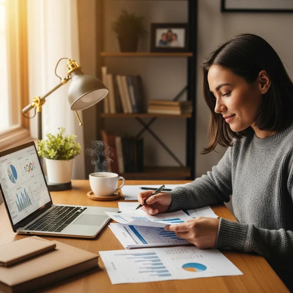 Cozy workspace with a person reviewing financial documents, emphasizing financial control and decision-making