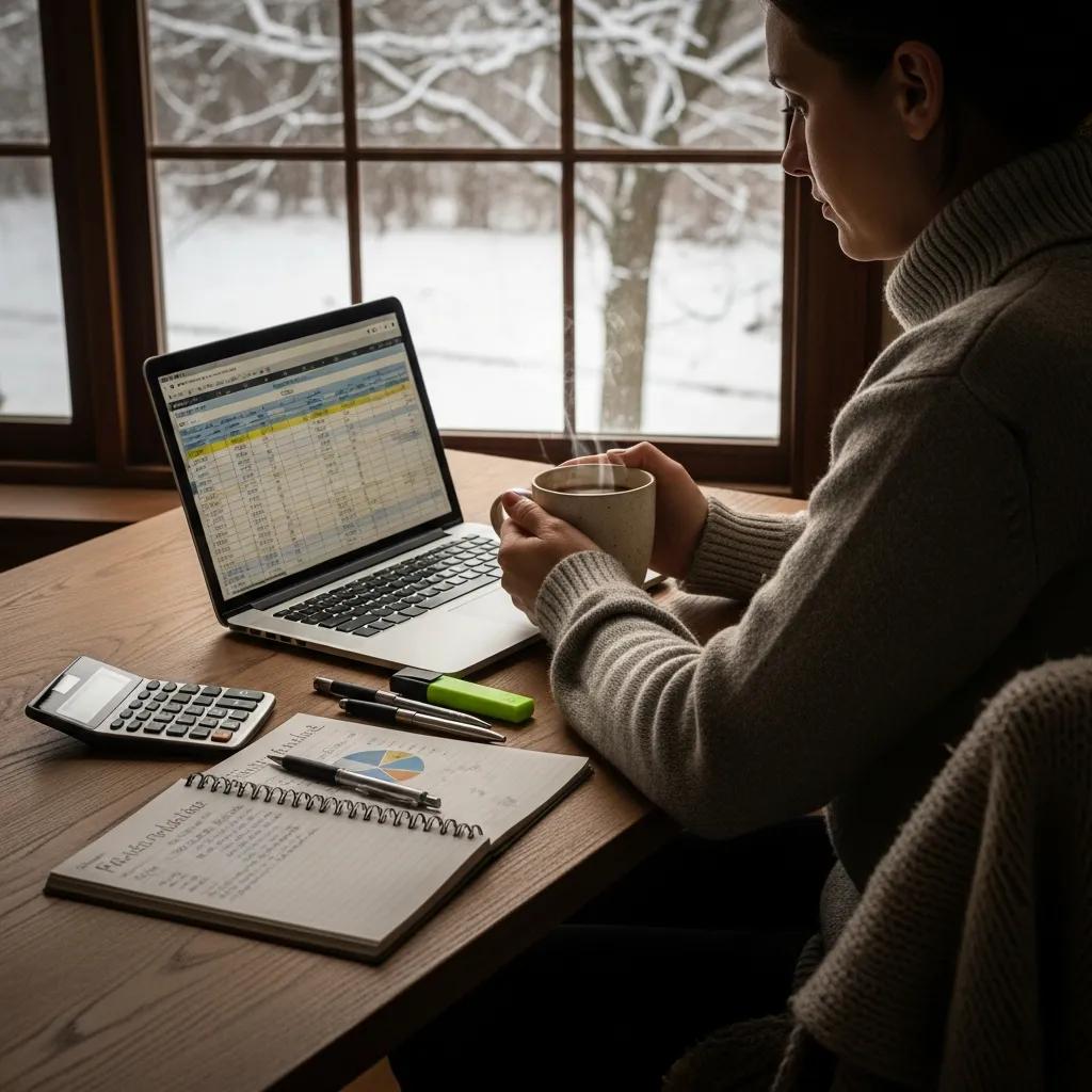 Cozy workspace with financial planning materials and a warm drink, symbolizing New Year financial resolutions