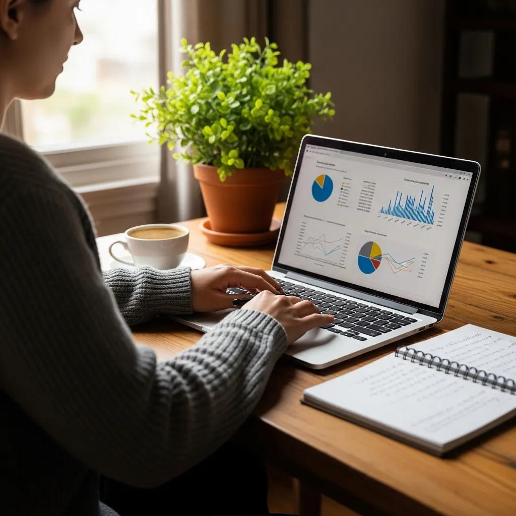 Cozy workspace with laptop and coffee, emphasizing financial management
