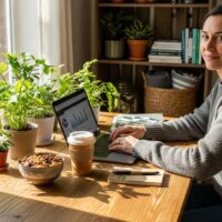 Cozy workspace with laptop and eco-friendly products for budgeting