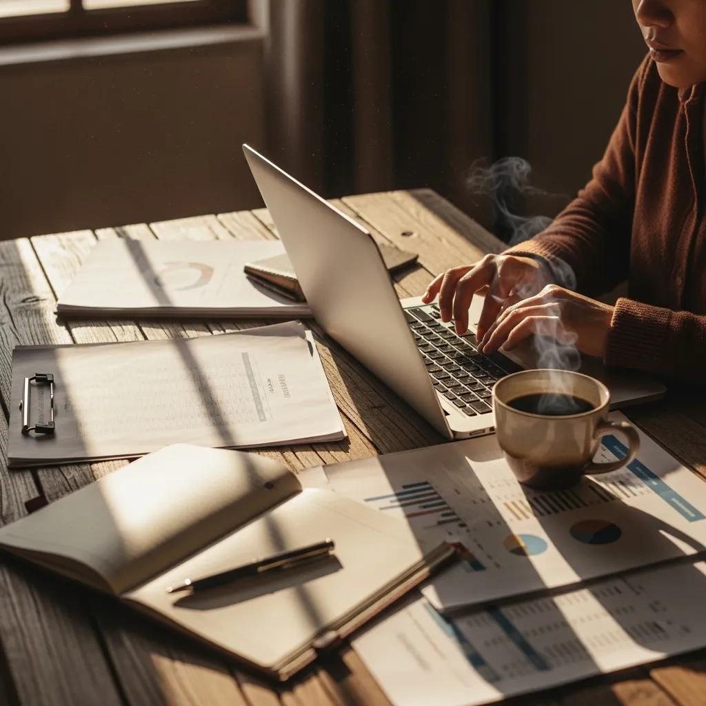 Cozy workspace with laptop and financial documents illustrating investment and debt management