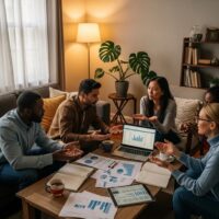 Diverse group discussing wealth inequality in a cozy living room