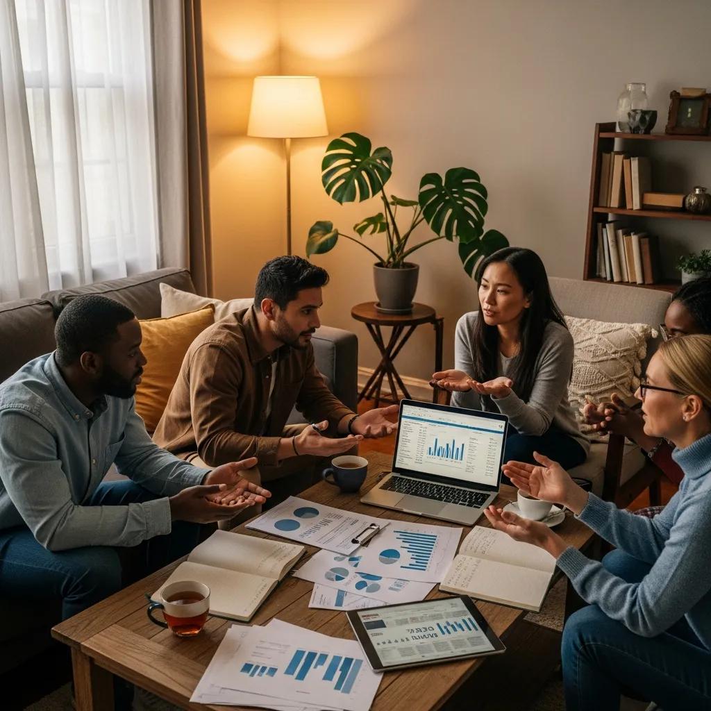 Diverse group discussing wealth inequality in a cozy living room
