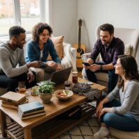 Diverse group of people engaging in digital bartering with laptops and smartphones in a cozy home setting