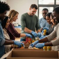 Diverse group of people participating in a charitable activity, showcasing community engagement and generosity