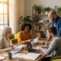 Diverse individuals engaged in financial planning activities in a cozy workspace
