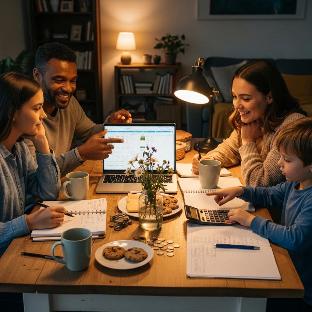 Family budgeting together at a dining table, emphasizing frugal living and financial planning