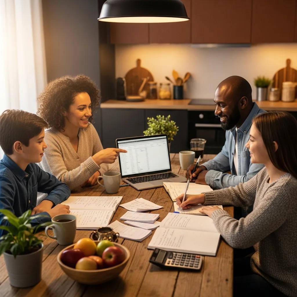 Family budgeting together at a kitchen table, emphasizing financial planning and security