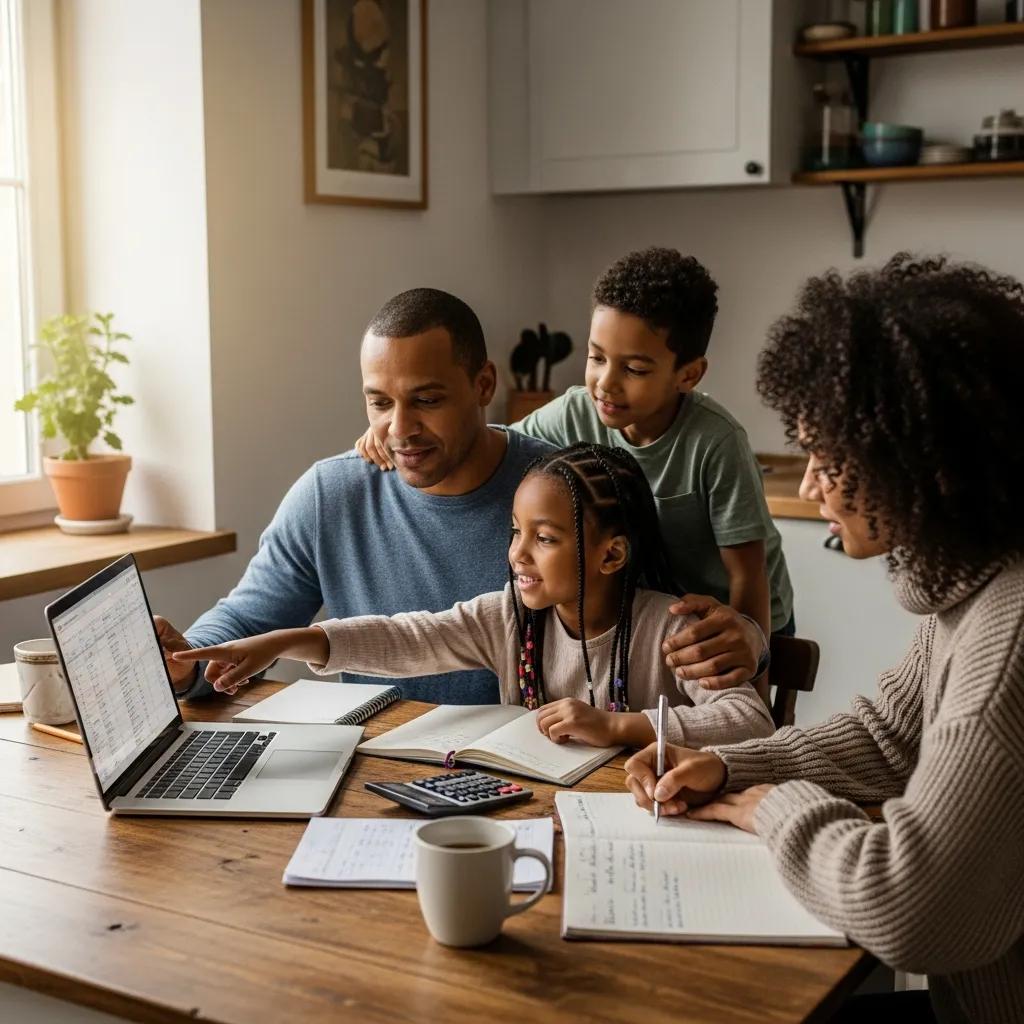 Family working on a household budget at a kitchen table