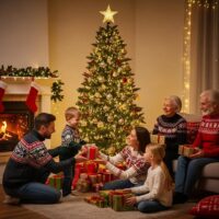 Family celebrating the holiday season with gifts around a decorated tree