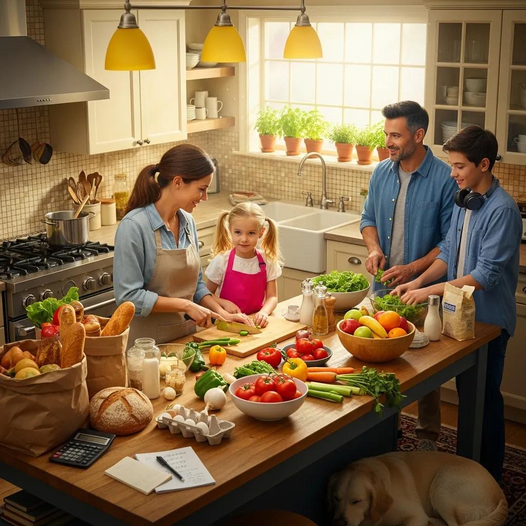 Family cooking in a cozy kitchen with fresh groceries &mdash; smart budgeting and meal planning