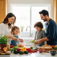 Family cooking together with fresh groceries in a cozy kitchen