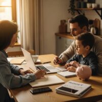 Family discussing financial habits at home, emphasizing parental influence on children's money management