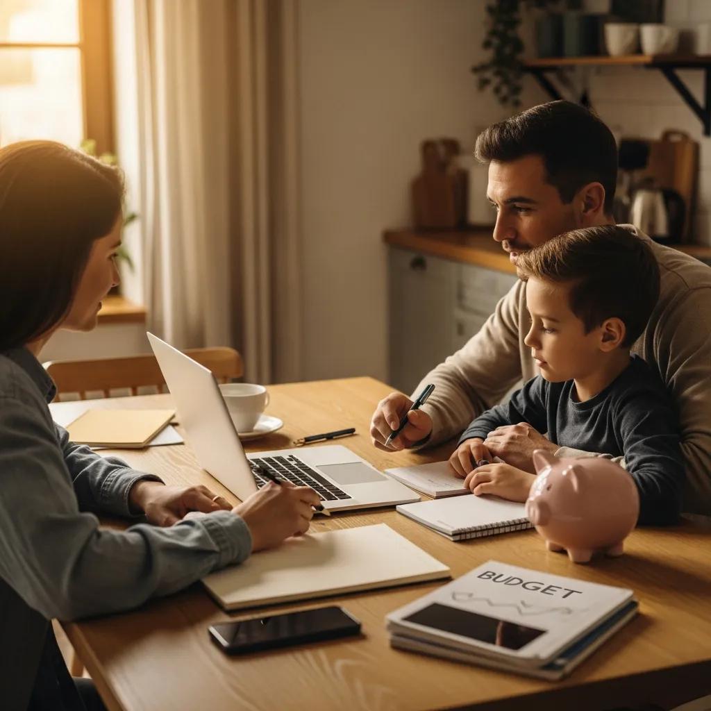 Family discussing financial habits at home, emphasizing parental influence on children's money management
