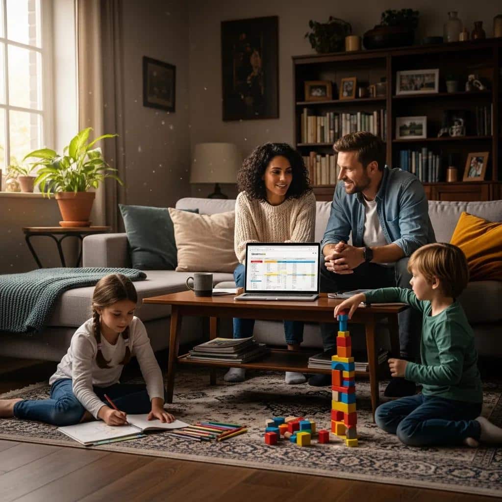 Family reviewing household expenses together in a living room