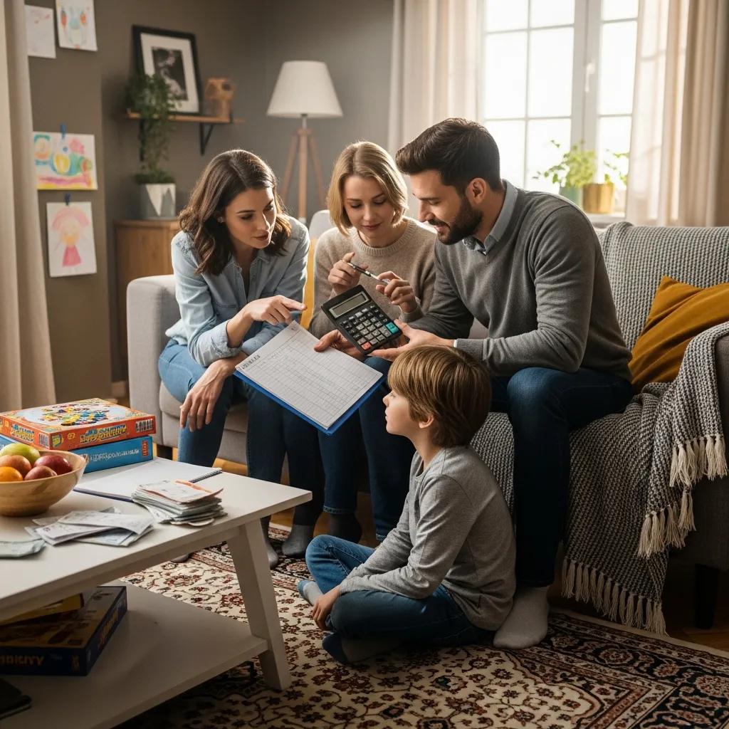 Family discussing home budget in a cozy living room, focusing on additional home expenses
