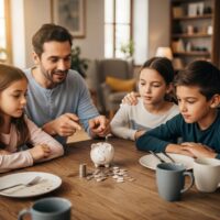 Family discussing money lessons at a dining table with a piggy bank