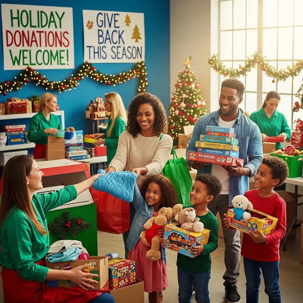 Family dropping off donated clothing and toys at a local charity during the holidays