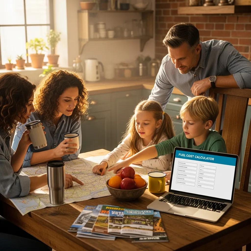 Family planning a road trip with a fuel cost calculator and travel essentials