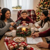 Family planning their holiday giving budget with festive decorations